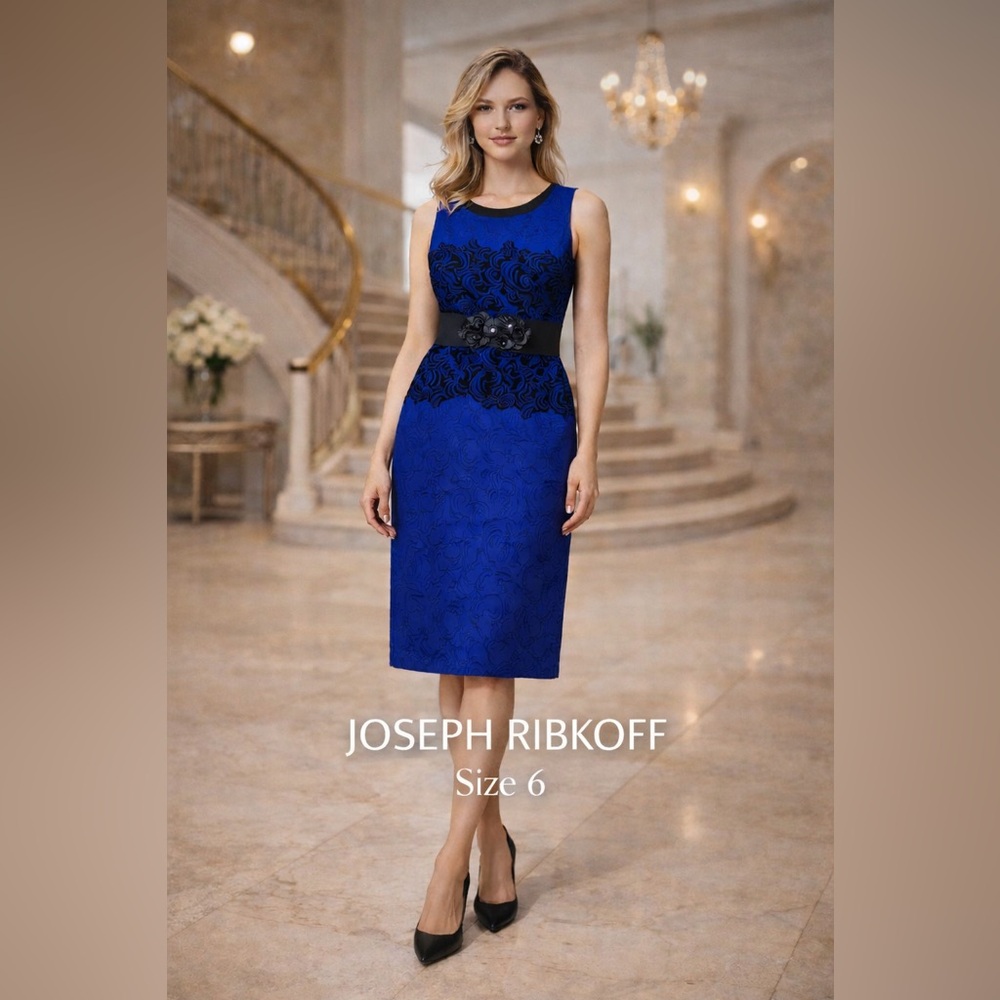 Joseph Ribkoff Blue Black Jacquard Cocktail Dress womens sz 6 Knee Length bodyco